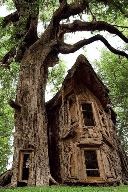 Prompt: a house carved in an ancient tree