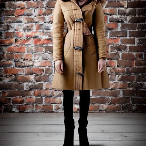 Image similar to a beautiful winter coat made out of a brick fireplace, on a mannequin. high quality, high resolution, studio lighting