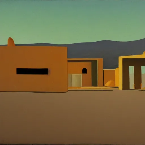 Image similar to motel in a desert rural landscape, painted by François Roca and Edward Hopper, highly detailed