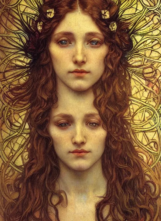 Image similar to detailed realistic beautiful young medieval queen face portrait by jean delville, alphonse mucha, vincent van gogh, and marco mazzoni, art nouveau, symbolist, visionary, gothic, pre - raphaelite