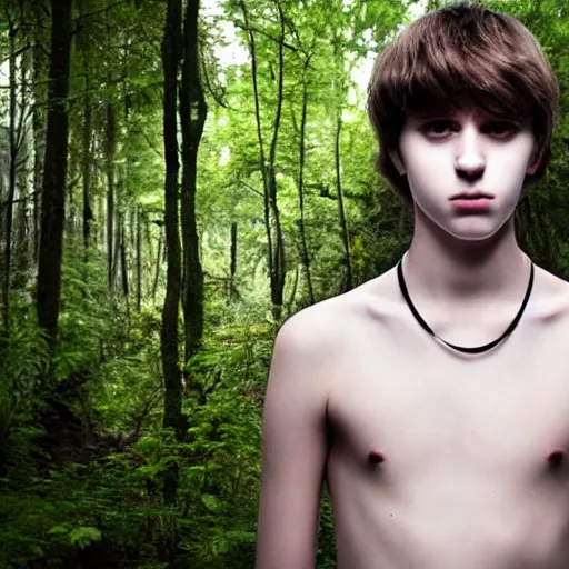 Image similar to a teenage boy, around 1 9 yo. choker necklace. natural brown hair. loincloth, pale skin. detailed face. ominous and eerie looking forest i'm background. natural colors.