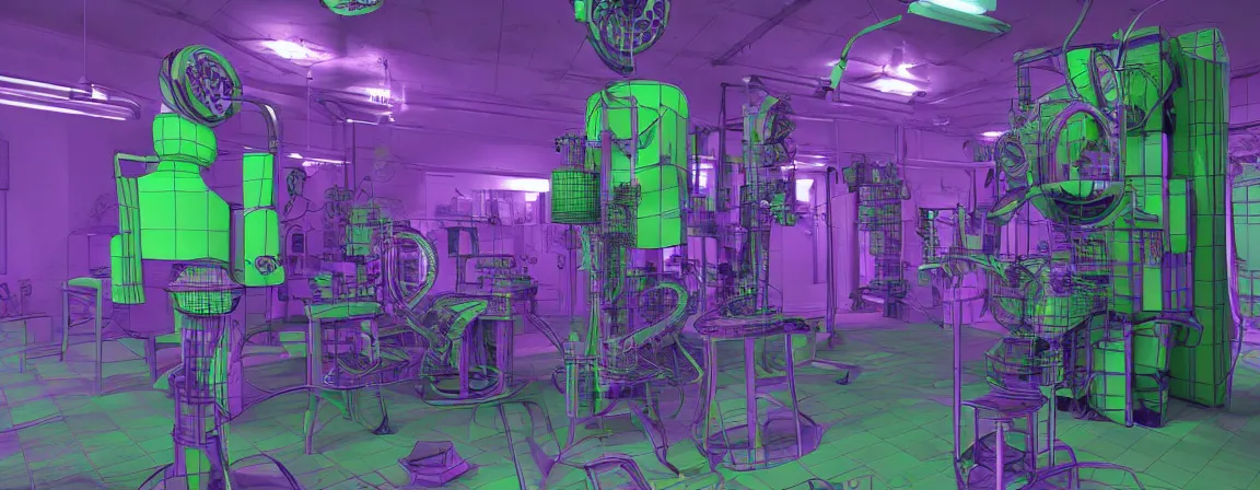 Image similar to a machine for making snake oil, purple and green, art by glenn fabry and ed roth, 3 d rendering by beeple, fine detail, 8 k, snake machine