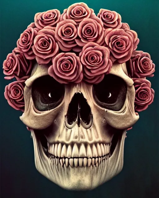 Prompt: portrait of a female skull with roses instead of eyes. roses, intricate abstract upper body intricate artwork, by zdzislaw beksinski tooth wu, wlop, beeple, dan mumford. concept art, octane render, deviantart, greg rutkowski, cinematic arthouse, key art, hyper realism, iridescent accents