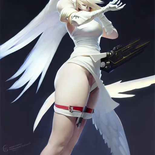 Prompt: greg manchess painting of a 2 yorha type a no. 2 as mercy from overwatch!!, white long hair, large white wings, organic painting, trending on artstation, by huang guangjian and gil elvgren and sachin teng