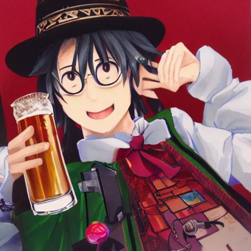 Image similar to highly detailed portrait of touhou project creator and video game designer zun drinking a single beer