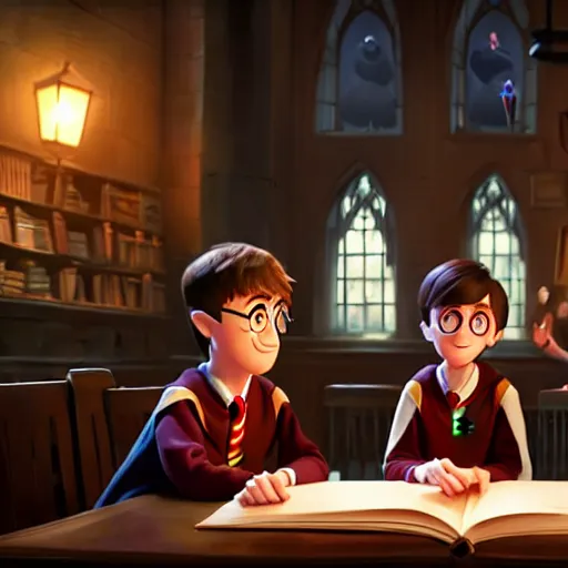 Image similar to a wholesome animation key shot of harry potter students, pixar and disney animation, sharp, very detailed, high resolution, rendered in unreal engine 5, key art by greg rutkowski, bloom, dramatic lighting