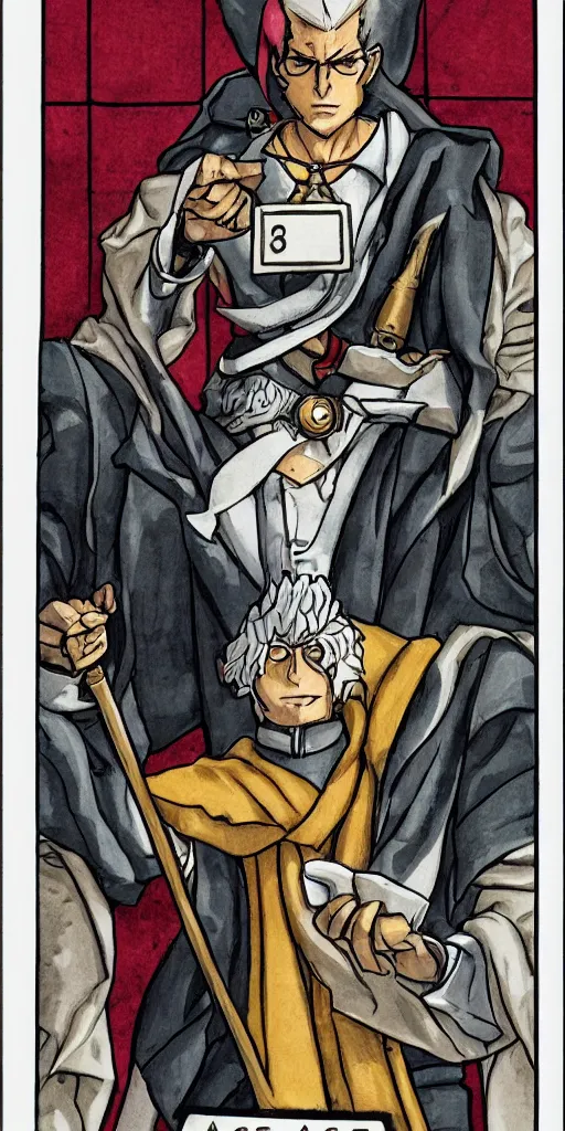 Image similar to the judge from Ace Attorney with a scale in one hand. Tarot card Justice, impressive art, detailed, singe subject