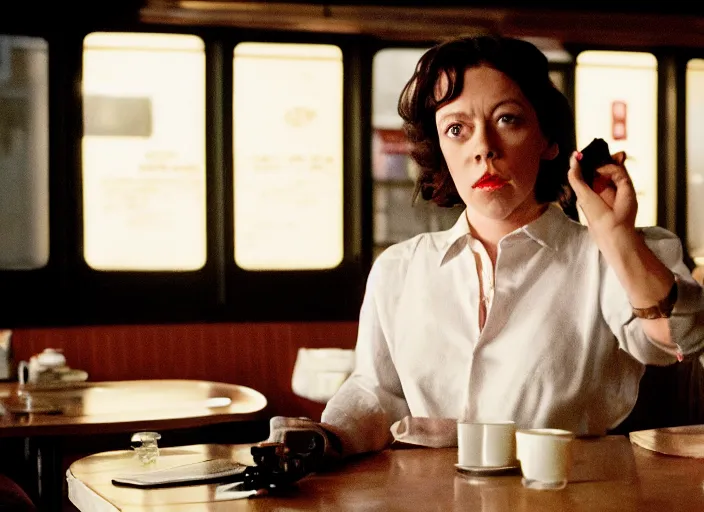 Prompt: cinematic portrait of olivia coleman holding up a heavy black handgun in her left hand, standing paranoid in classic diner, scene from the tense thriller film ( 2 0 0 1 ) directed by spike jonze, hyper - detailed face, 4 k, dramatic backlit window, volumetric hazy lighting, moody cinematography, 3 5 mm kodak color, anamorphic wide angle lens