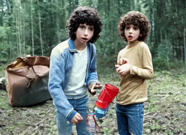 Prompt: film still of Finn Wolfhard as Elliot in ET 1982 with ET