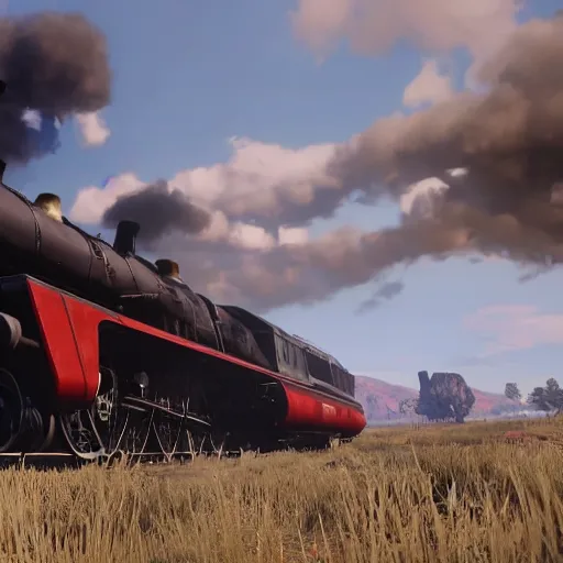 Image similar to futuristic sleek steam locomotive in red dead redemption 2