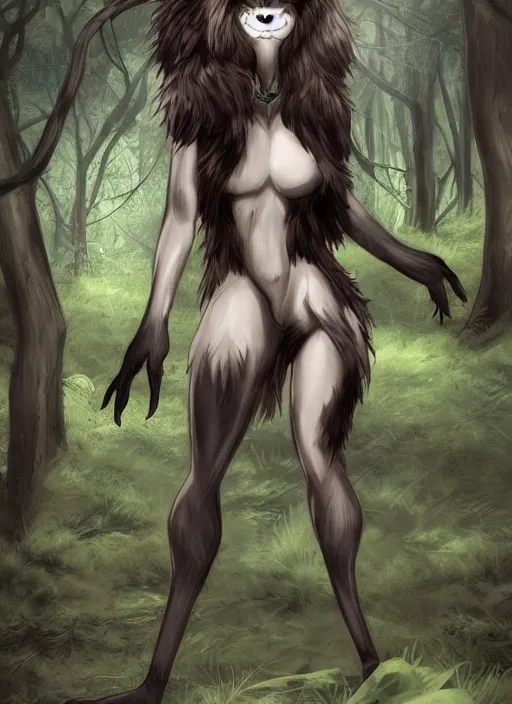 Image similar to werewolf girl in a dark forest, anthropomorphic, fierce, trending on artstation