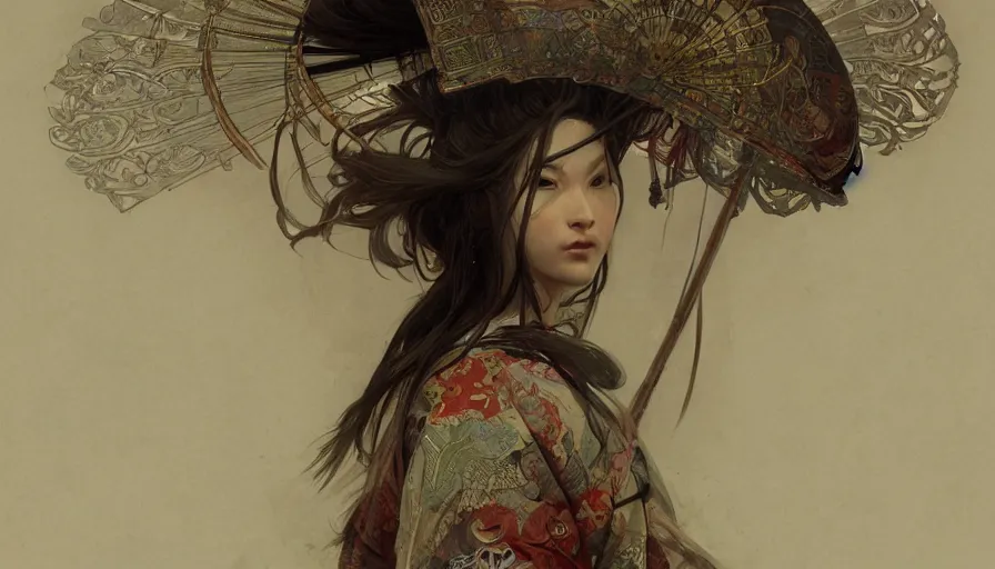 Prompt: a beautiful realistic painting of a samurai, intricate, elegant, highly detailed, digital painting, artstation, concept art, by krenz cushart and artem demura and alphonse mucha