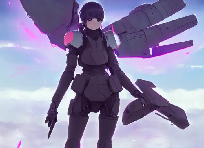 Image similar to homura akemi in mechanical exoskeleton resembling a su - 1 0 2, battlefield landscape, illustration concept art anime key visual trending pixiv fanbox by wlop and greg rutkowski and makoto shinkai and studio ghibli and kyoto animation, soldier clothing, grimdark, volumetric lighting