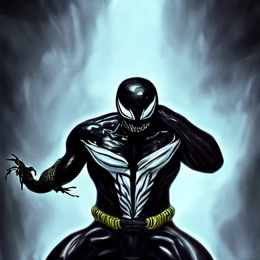 Image similar to venom as a good hero, hyper detailed masterpiece, digital art painting, hyper realism aesthetic