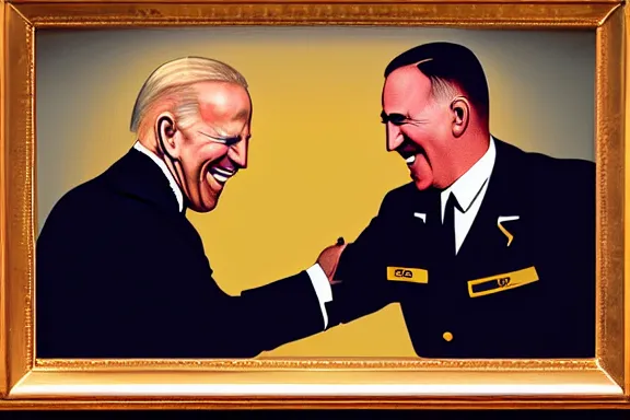 Image similar to “ very very intricate photorealistic photo of hitler and joe biden laughing together, detailed natural lighting, award - winning crisp details ”