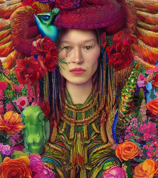 Image similar to portrait of quetzalcoatl, surrounded by flowers, by nan goldin, moebius, katsuhiro otomo, rococo, trending on artstation, muted lighting, hyper realism, octane render, 8 k, hyper detailed, ink by dave gibbons