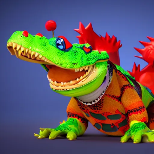 Image similar to 3 d render, anthropomorphic alligator, red scales on his back, yellow scale on his belly and chest, male, waring a hawaiian shirt, in the style of zootopia, hd, 4 k, high definition background