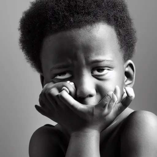 Image similar to photo of a black boy crying, studio portrait