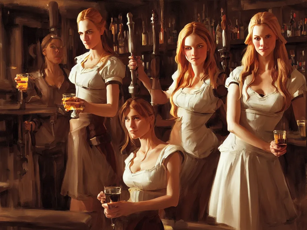 Prompt: portrait of two young female norwegian swedish fantasy barmaid models walking in a tavern, symmetric faces, by greg manchess and leyendecker, medium shot low key lighting asymmetrical intricate elegant illustration hearthstone