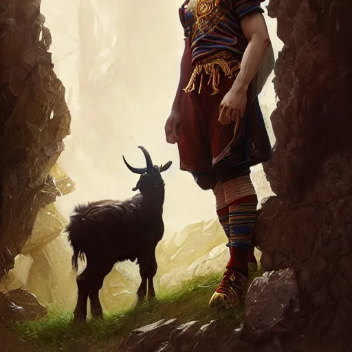 Prompt: Lionel Messi standing beside a goat, D&D, fantasy, intricate, elegant, highly detailed, digital painting, artstation, concept art, matte, sharp focus, illustration, art by Artgerm and Greg Rutkowski and Alphonse Mucha