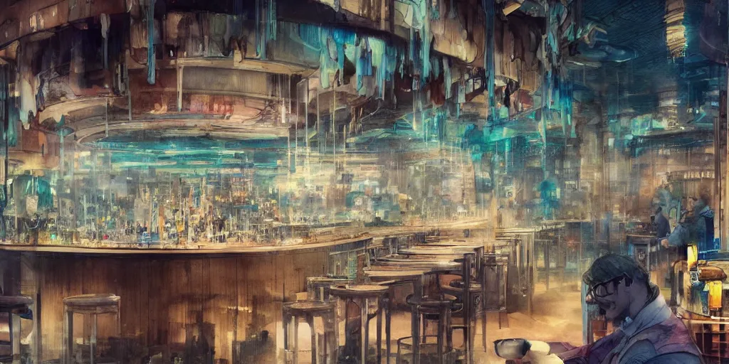 Prompt: a beautiful insanely intricate watercolor illustration of modern bar indoor, reflexions, colorfull, by william turner art, by greg rutkowski, by james jean, by rossdraws, by frank franzzeta, by sakimichan, by edmund dulac, trending on artstation, insanely detailed, masterpiece,