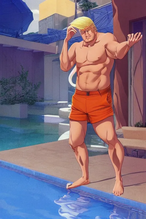 Prompt: a handsome man with blonde hair who is also a male android, ken, donald trump, muscular, wearing a cut-off white tank top and short light orange shorts, stands by a swimming pool, facing forward, in the style of artgerm and moebius and annie liebovitz, photorealistic, highly detailed