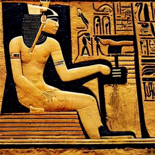 Prompt: ancient egyptian hieroglyphs depicting a person listening to a Walkman CD player