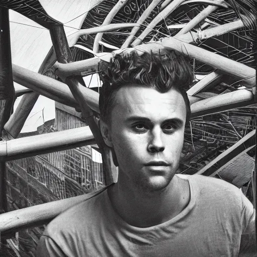 Image similar to grainy abstract expired film photo of mikky ekko, 1960s, by Henri Cartier-Bresson, Dan Mumford and Josan Gonzalez, 50mm lens cinematic, black and white filter, ultra detailed, hyper realism