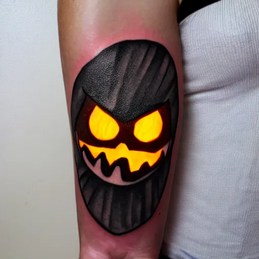 Image similar to cartoon tattoo of an angry pumpkin with glowing eyes and a light gray background on shoulder