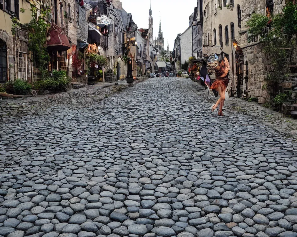 Prompt: cobblestone streets filled with fae, cobblestone, faerie, fanciful