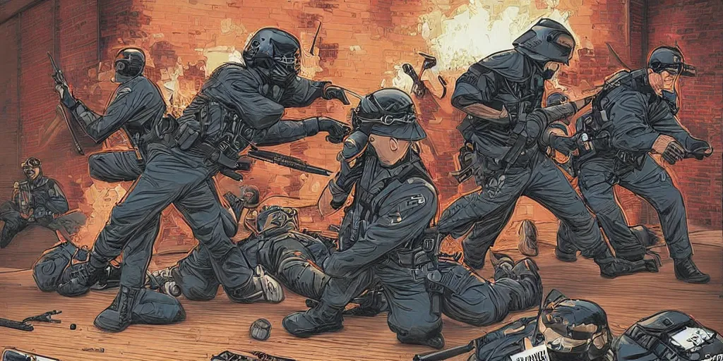 Image similar to Milwaukee cops vs. Ninjas. Epic painting by James Gurney and Laurie Greasley.