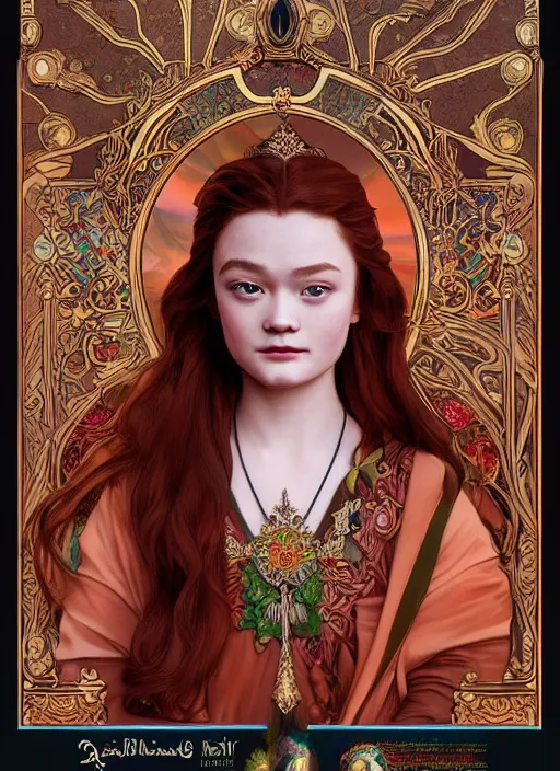 Image similar to well - lit art nouveau portrait of queen sirikrit of thailand who resembles sadie sink with red hair as a princess with intricate, ornate jewelry, natural lighting, path traced, highly detailed, high quality, cartoon, digital painting, by don bluth and ross tran and studio ghibli and alphonse mucha