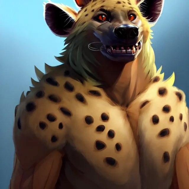 Image similar to character concept art of a male anthropomorphic furry hyena | | cute - fine - face, pretty face, key visual, realistic shaded perfect face, fine details by stanley artgerm lau, wlop, rossdraws, james jean, andrei riabovitchev, marc simonetti, and sakimichan, trending on artstation