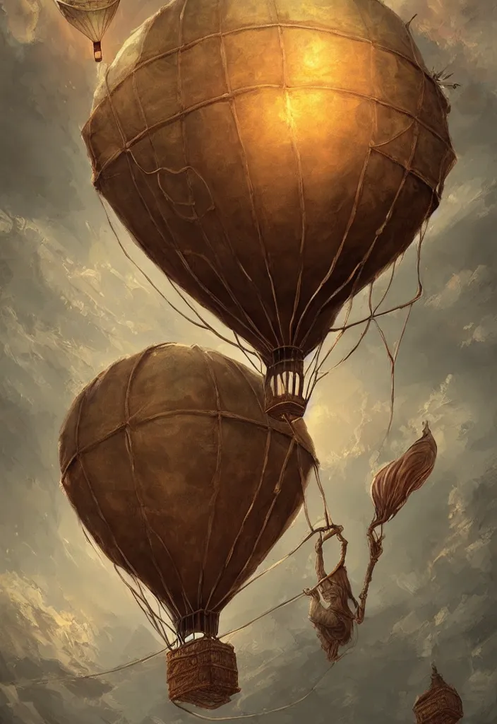 Image similar to old air balloon, epic fantasy, detailed, intricate, digital painting, concept art, realistic, smooth, focus, rim light