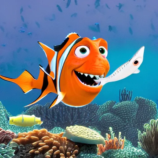 Image similar to finding nemo but nemo eats a shark hyperrealism