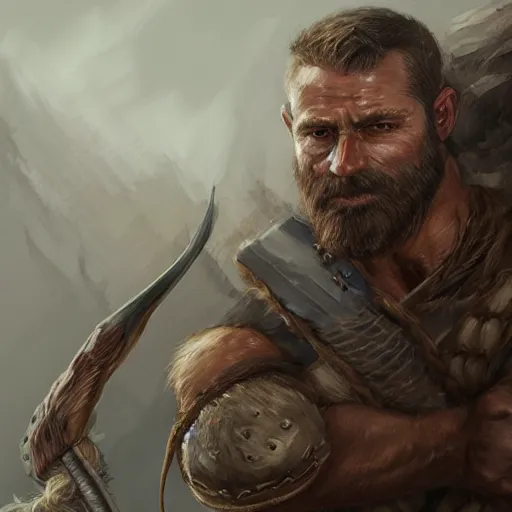 Image similar to portrait of a rugged ranger, muscular, upper body, hairy torso, detaileddetaileddetailed handshandshandshands, D&D, fantasy, barebarebarebare thighsthighsthighs intricate, elegant, highly detailed, digital painting, artstation, concept art, smooth, sharp focus, illustration, art by wlop