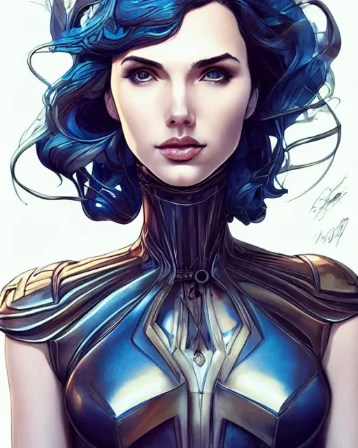 Image similar to in the style of joshua middleton, artgerm, beautiful gal gadot, steampunk, full body, blue dress, elegant pose, middle shot, spooky, symmetrical face, symmetrical eyes, detailed realisitc eyes, detailed realistic eyes, detailed and intricate