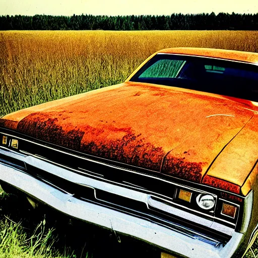 Prompt: A photograph of a rusty!!!!!!!!!, worn out!!!!!!!!!!, broken down!!!!!!!!!!, beater!!!!!!!!! Powder Blue Dodge Aspen (1976) in a farm field, photo taken in 1989