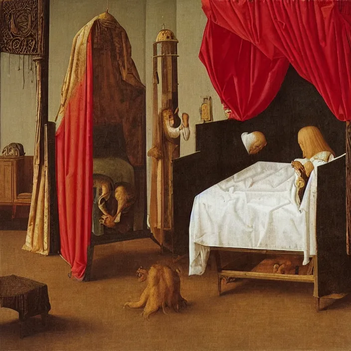 Image similar to three monsters jumping on the bed with white cloth and baldachin. jan van eyck