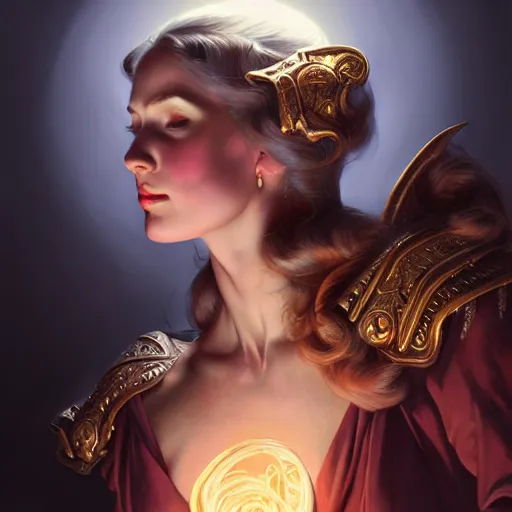 Prompt: of female sorcerer, dark fantasy, medium shot, intricate, ornate, elegant, highly detailed, digital painting, volumetric light,, artstation, concept art, smooth, sharp focus, illustration, art by Gil elvgren and charlie bowater and greg rutkowski and alphonse mucha