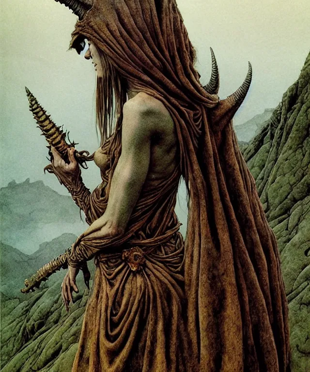 Image similar to A detailed horned dragonwoman stands among the hills. Wearing a ripped mantle, robe. Perfect faces, extremely high details, realistic, fantasy art, solo, masterpiece, art by Zdzisław Beksiński, Arthur Rackham, Dariusz Zawadzki