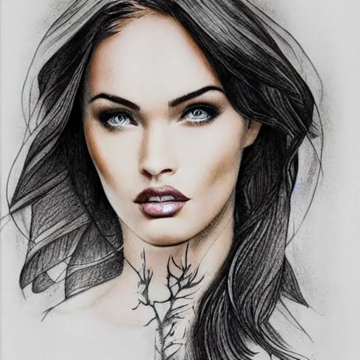 Image similar to realism tattoo sketch of double exposure megan fox with beautiful mountain scenery, in the style of andrey lukovnikov