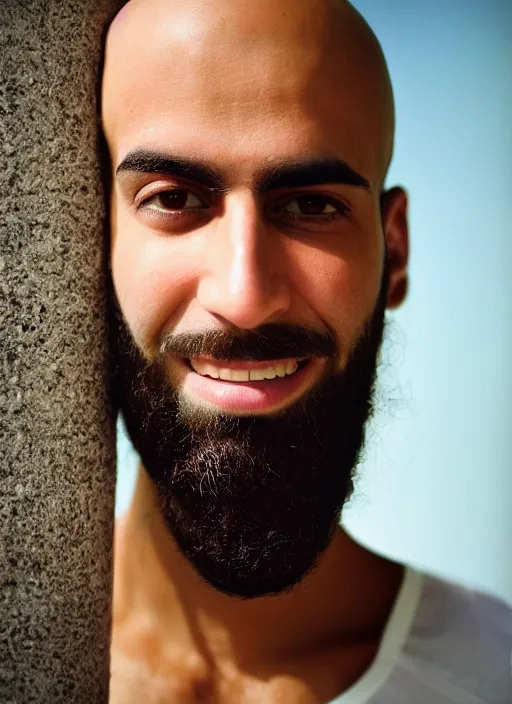 Prompt: hyper - realistic kodachrome medium shot portrait of an attractive ethereal 2 7 year old male, of iraqi and israeli descent with light brown skin, shaved head. brown eyes. hairy chest. a full beard. in the style of steve mccurry.