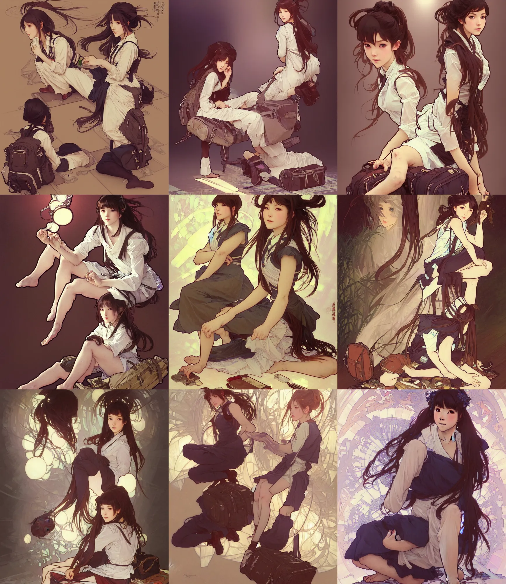 Image similar to a digital concept art by artgerm and greg rutkowski and alphonse mucha. full body!! clear portrait of a squatting attractive japanese school girl in uniform!! sit on floor!! school bag, light effect. hyper detailed, character concept, glowing lights!! intricate, elegant, digital painting, artstation, smooth, sharp focus