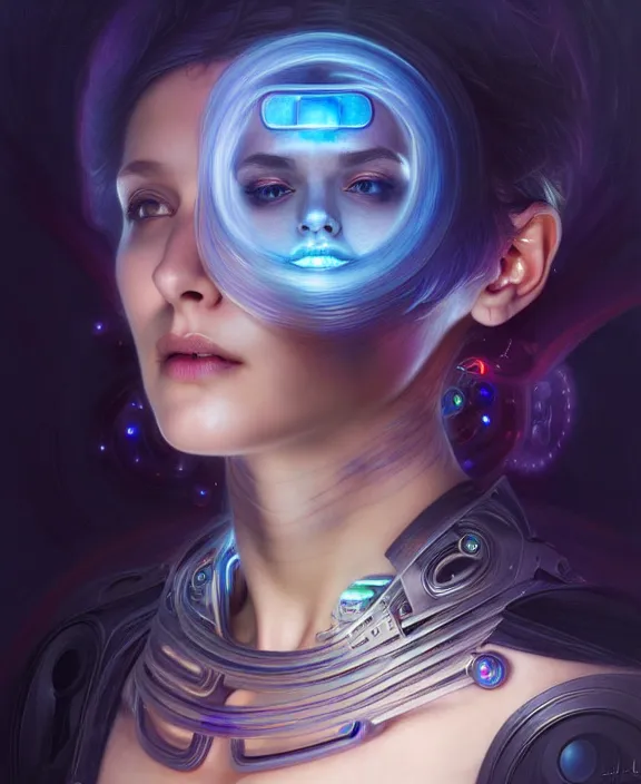 Image similar to a whirlwind of souls rushing inside the metaverse, hologram, half body, neurochip, shaved temple, piercing, jewelry, android, cyborg, cyberpunk face, by loish, d & d, fantasy, intricate, elegant, highly detailed, colorful, digital painting, artstation, concept art, art by artgerm and greg rutkowski and alphonse mucha