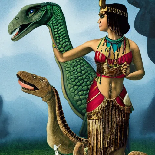 Prompt: cleopatra living with the dinosaurs