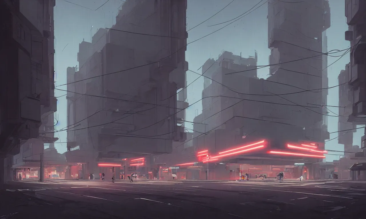 Prompt: streetscape, simple brutalist architecture, white neon lighting, neon signs, flying vehicles, pedestrians, greg rutkowski, syd mead, ralph mcquarrie, concept art, matte painting, finely detailed, minimal artifacts, rule of thirds, dynamic lighting, cinematic, detailed, denoised, centered