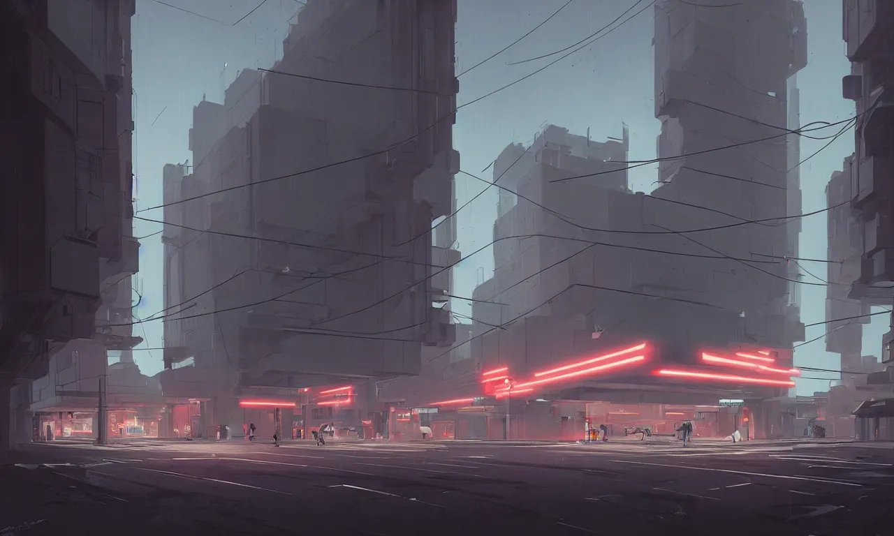 Image similar to streetscape, simple brutalist architecture, white neon lighting, neon signs, flying vehicles, pedestrians, greg rutkowski, syd mead, ralph mcquarrie, concept art, matte painting, finely detailed, minimal artifacts, rule of thirds, dynamic lighting, cinematic, detailed, denoised, centered