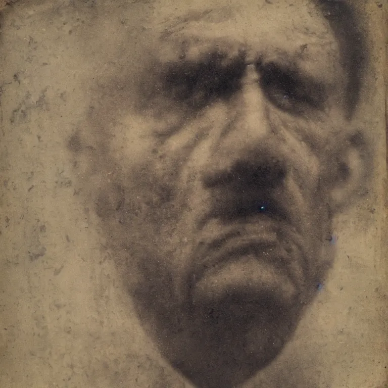 Image similar to tinted Antique tintype of Beautiful warmly lit close up expressionistic studio portrait of very angry! My father with his long eyebrows and perfectly straight nose singing angrily!, impasto oil painting heavy brushstrokes by Cy Twombly and Anselm Kiefer , trending on artstation dramatic lighting abstract Expressionism