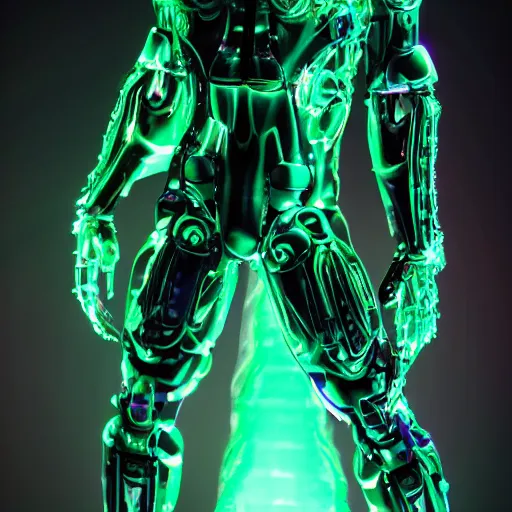 Image similar to neon-noir cybernetic devil-god, iridescent statue, full body, hyper realistic, 8k cinematic lighting, black background, magical glow, sparkly atmophere, ominous, surreal, futuristic, no long neck and double face - W 1024